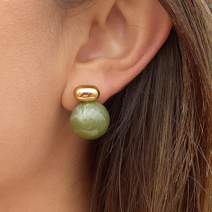 Lauren 18K Gold Non-Tarnish Green Marble Ball Earrings