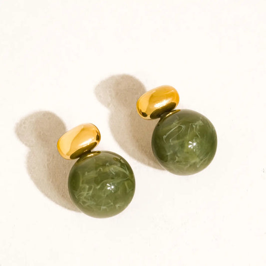 Lauren 18K Gold Non-Tarnish Green Marble Ball Earrings