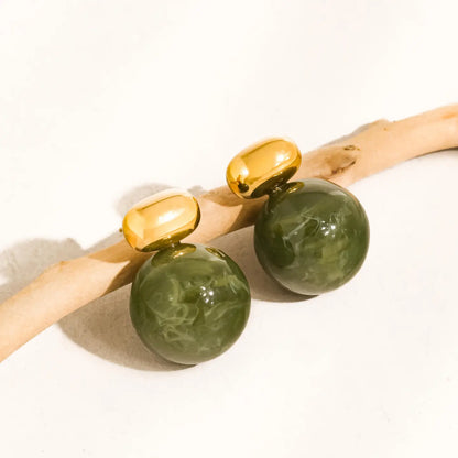 Lauren 18K Gold Non-Tarnish Green Marble Ball Earrings