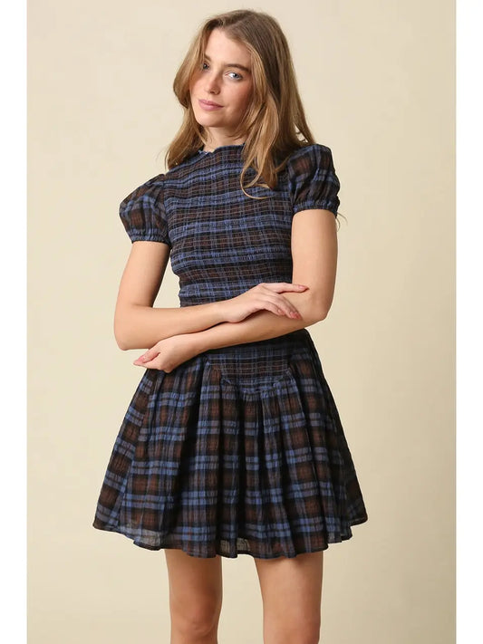 PREORDER Rory Smocked Mini Dress in Blue Plaid