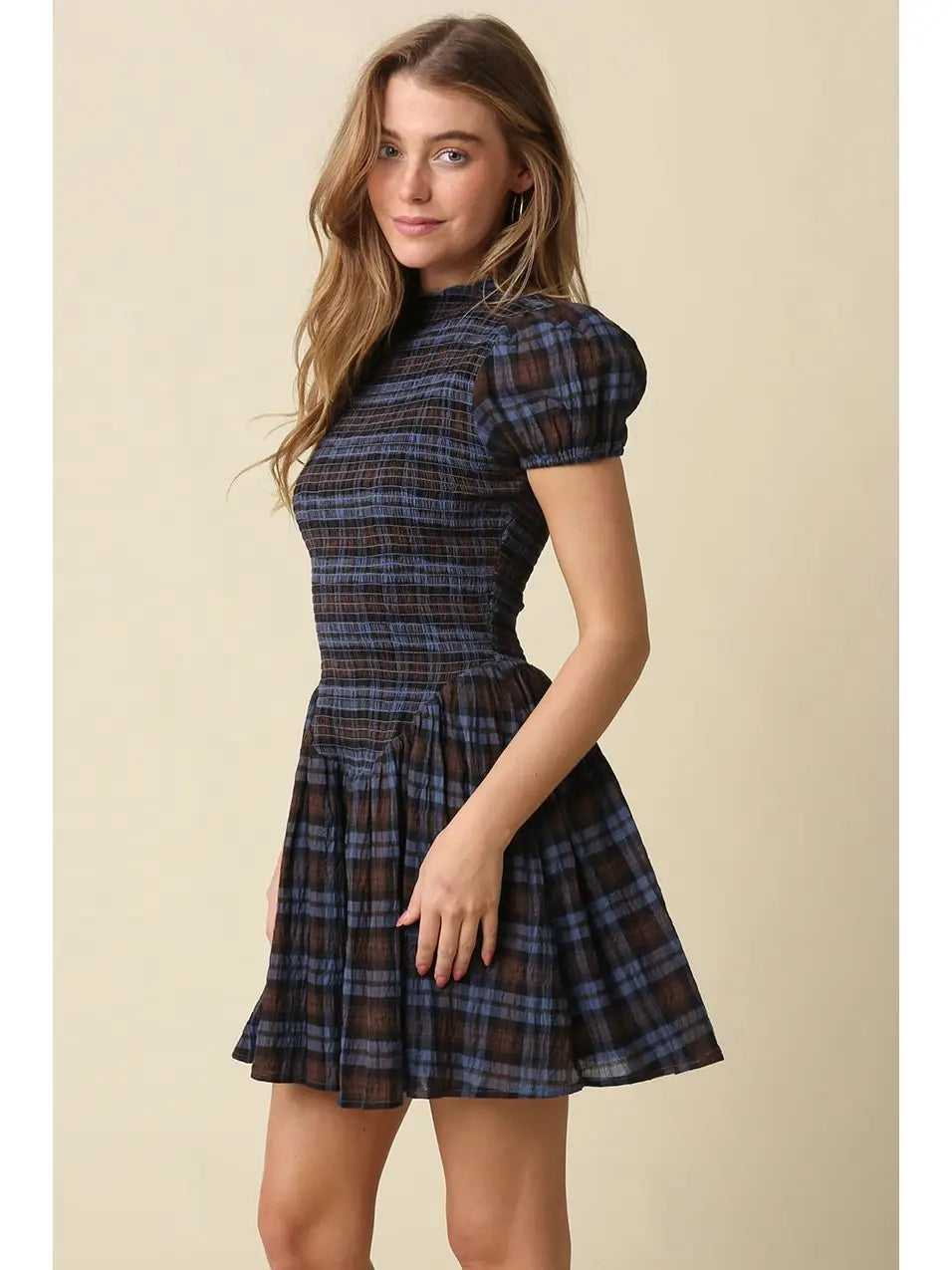 PREORDER Rory Smocked Mini Dress in Blue Plaid