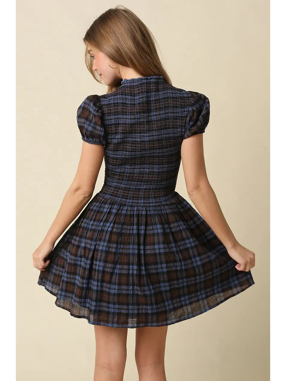 PREORDER Rory Smocked Mini Dress in Blue Plaid
