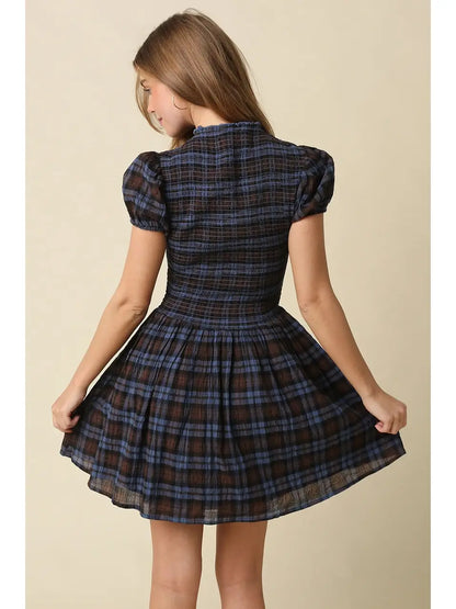 PREORDER Rory Smocked Mini Dress in Blue Plaid